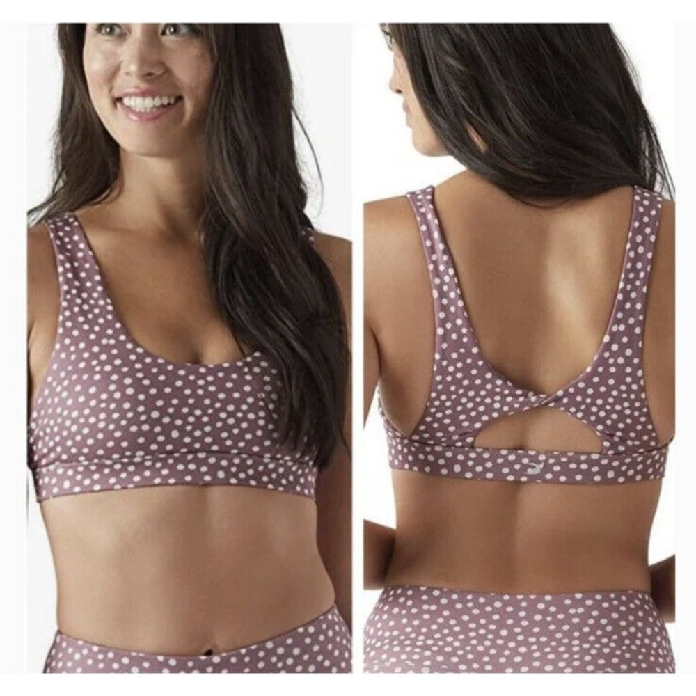GLYDER NWT POPPY SPORTS BRA MAUVE WHITE POLKA DOT STRAPPY BACK‎ XS